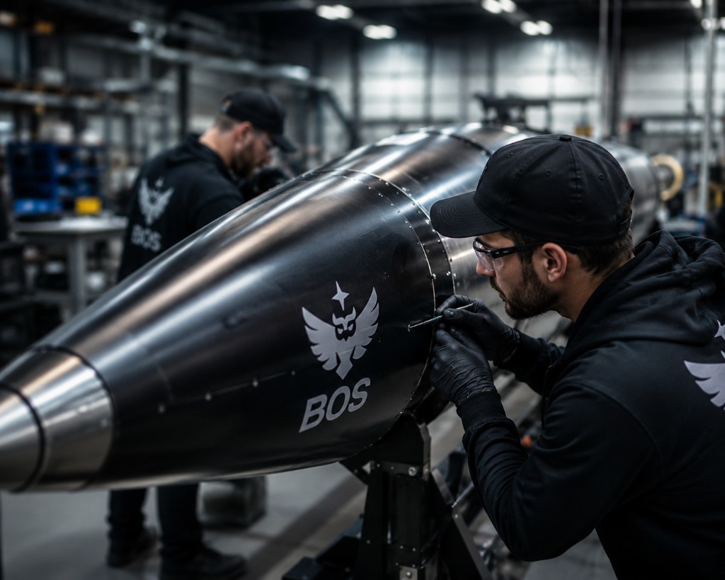 BOS technicians performing precision assembly on a branded airframe in the factory