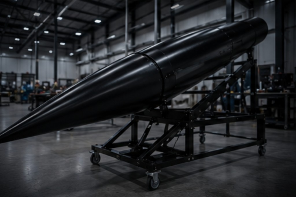 Black interceptor airframe on a factory transport stand in an industrial facility