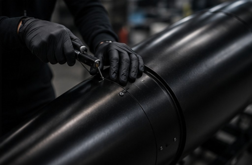 Gloved hands performing precision assembly on an interceptor airframe component