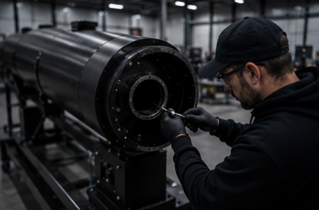 Technician assembling an interceptor component at a factory workstation